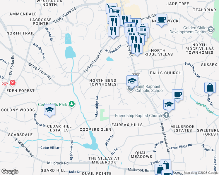 map of restaurants, bars, coffee shops, grocery stores, and more near 1020 North Bend Drive in Raleigh