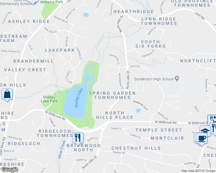 map of restaurants, bars, coffee shops, grocery stores, and more near 1330 Springlawn Court in Raleigh