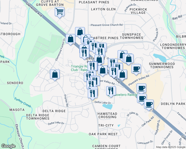 map of restaurants, bars, coffee shops, grocery stores, and more near 6010-6012 Duraleigh Road in Raleigh