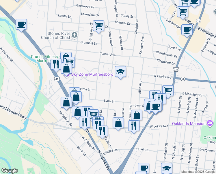 map of restaurants, bars, coffee shops, grocery stores, and more near 1123 Jones Boulevard in Murfreesboro