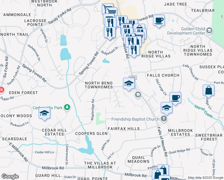 map of restaurants, bars, coffee shops, grocery stores, and more near 5802 Oakham Lane in Raleigh