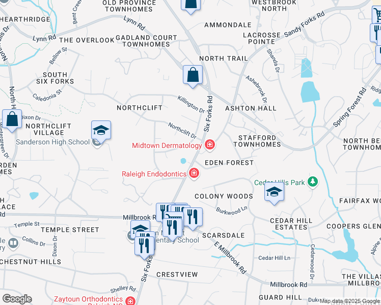 map of restaurants, bars, coffee shops, grocery stores, and more near 5701 Tully Court in Raleigh