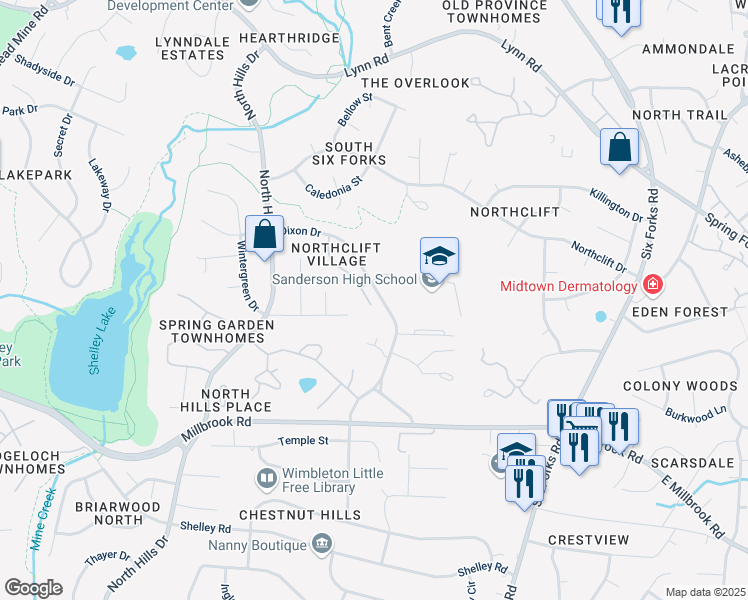 map of restaurants, bars, coffee shops, grocery stores, and more near 5915 Dixon Drive in Raleigh
