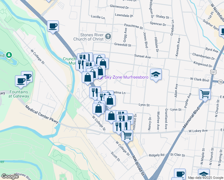 map of restaurants, bars, coffee shops, grocery stores, and more near 918 Velma Lane in Murfreesboro