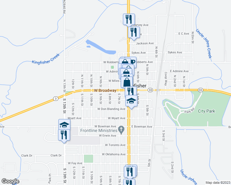 map of restaurants, bars, coffee shops, grocery stores, and more near 102 South 7th Street in Kingfisher