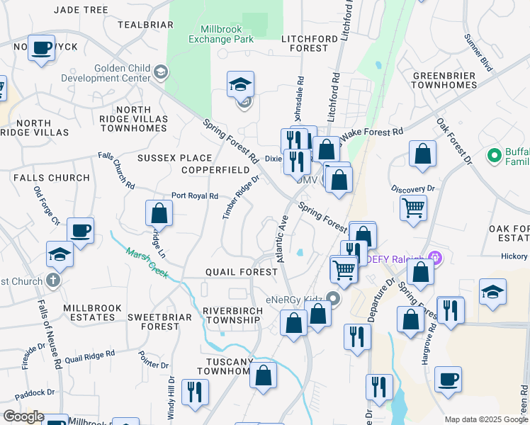 map of restaurants, bars, coffee shops, grocery stores, and more near 5875 Shady Grove Cir in Raleigh