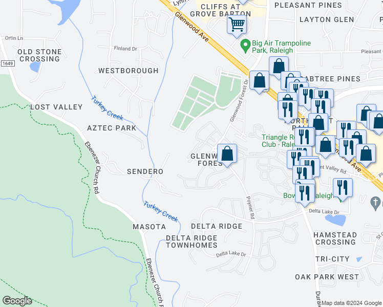 map of restaurants, bars, coffee shops, grocery stores, and more near 5909 Hourglass Court in Raleigh