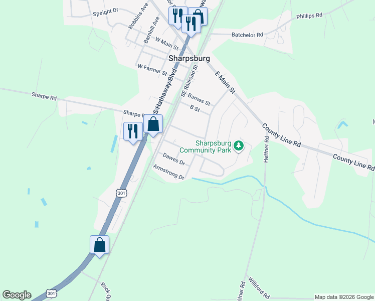 map of restaurants, bars, coffee shops, grocery stores, and more near 147 Martin Luther King Junior Circle in Sharpsburg