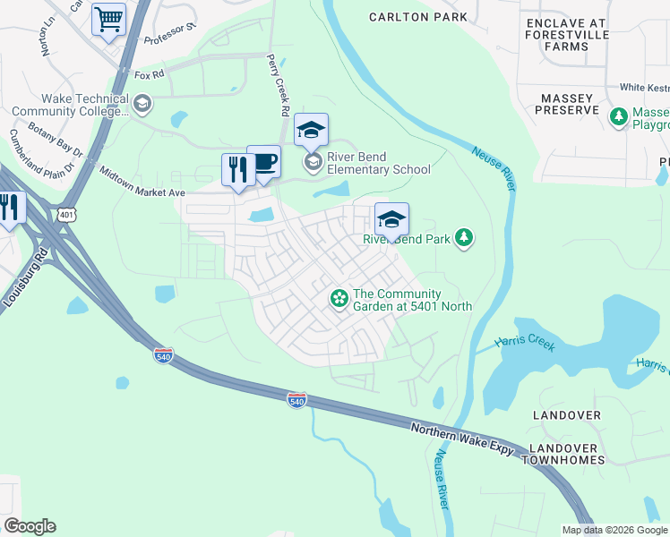 map of restaurants, bars, coffee shops, grocery stores, and more near 6514 Perry Creek Road in Raleigh