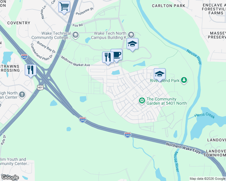 map of restaurants, bars, coffee shops, grocery stores, and more near 6408 Giddings Street in Raleigh