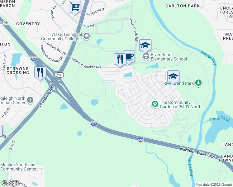 map of restaurants, bars, coffee shops, grocery stores, and more near 5324 Crescent Square Street in Raleigh