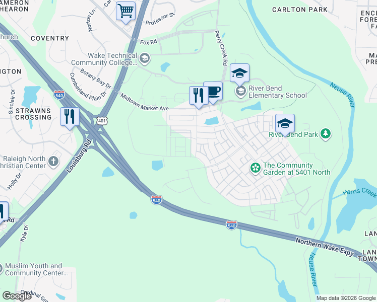 map of restaurants, bars, coffee shops, grocery stores, and more near Northern Wake Expressway in Raleigh