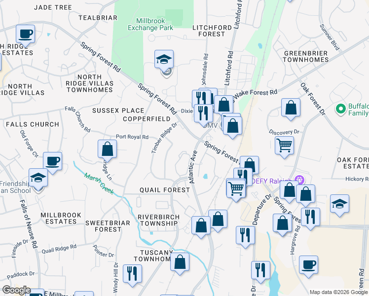 map of restaurants, bars, coffee shops, grocery stores, and more near 5893 Shady Grove Circle in Raleigh