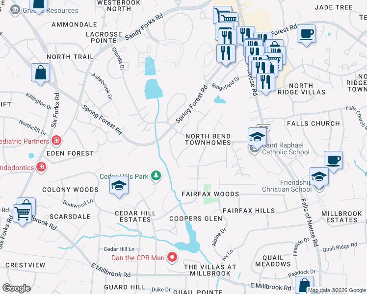 map of restaurants, bars, coffee shops, grocery stores, and more near 5826 Branchwood Road in Raleigh