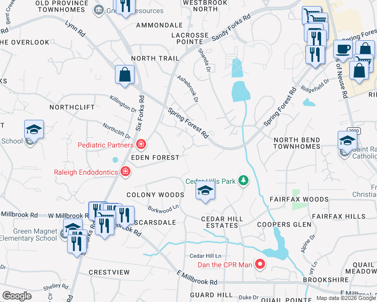 map of restaurants, bars, coffee shops, grocery stores, and more near 625 Crabbery Lane in Raleigh