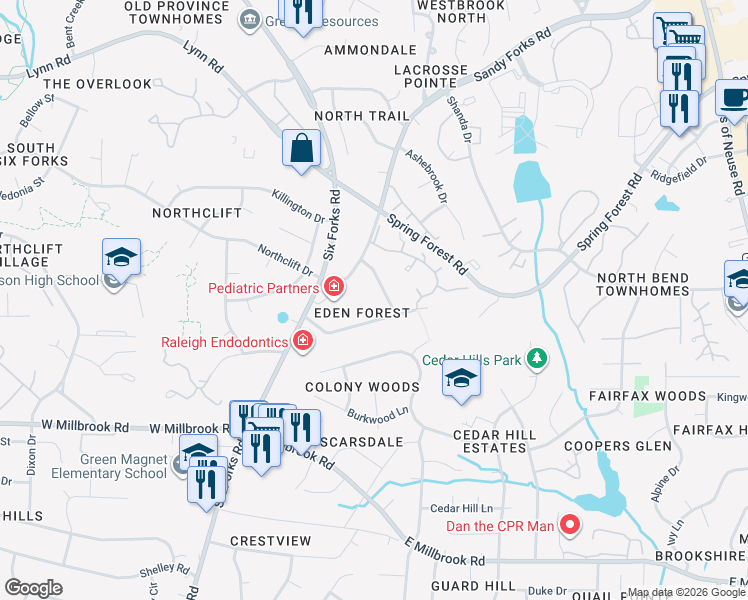 map of restaurants, bars, coffee shops, grocery stores, and more near 221 Dublin Road in Raleigh