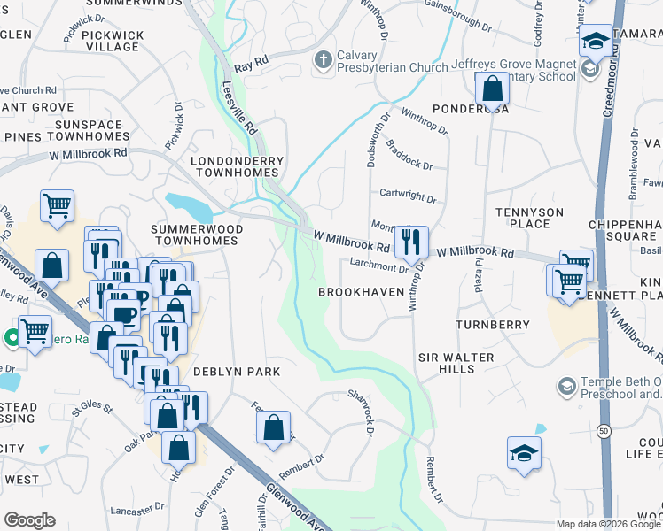 map of restaurants, bars, coffee shops, grocery stores, and more near 6499 Leesville Road in Durham