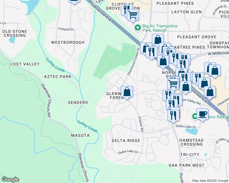 map of restaurants, bars, coffee shops, grocery stores, and more near 5920 Cameo Glass Way in Raleigh