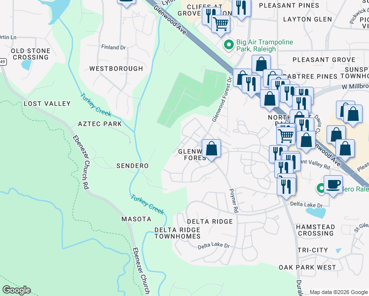 map of restaurants, bars, coffee shops, grocery stores, and more near 5903 Hourglass Court in Raleigh