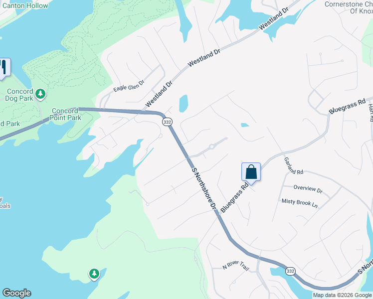 map of restaurants, bars, coffee shops, grocery stores, and more near 10532 River Ridge Road in Knoxville