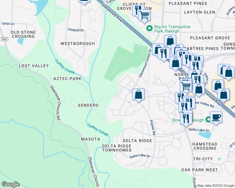 map of restaurants, bars, coffee shops, grocery stores, and more near 5909 Hourglass Court in Raleigh