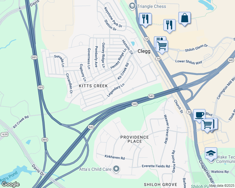 map of restaurants, bars, coffee shops, grocery stores, and more near 520 Durants Neck Lane in Morrisville