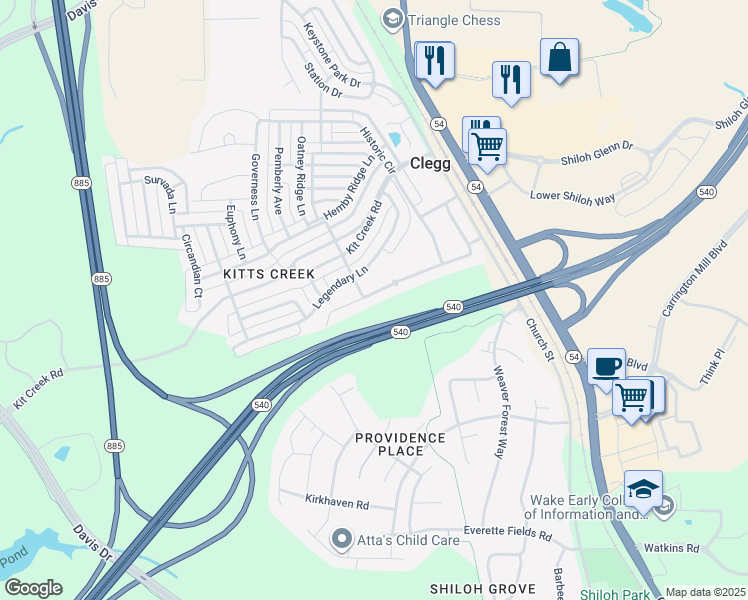 map of restaurants, bars, coffee shops, grocery stores, and more near 433 Durants Neck Lane in Morrisville