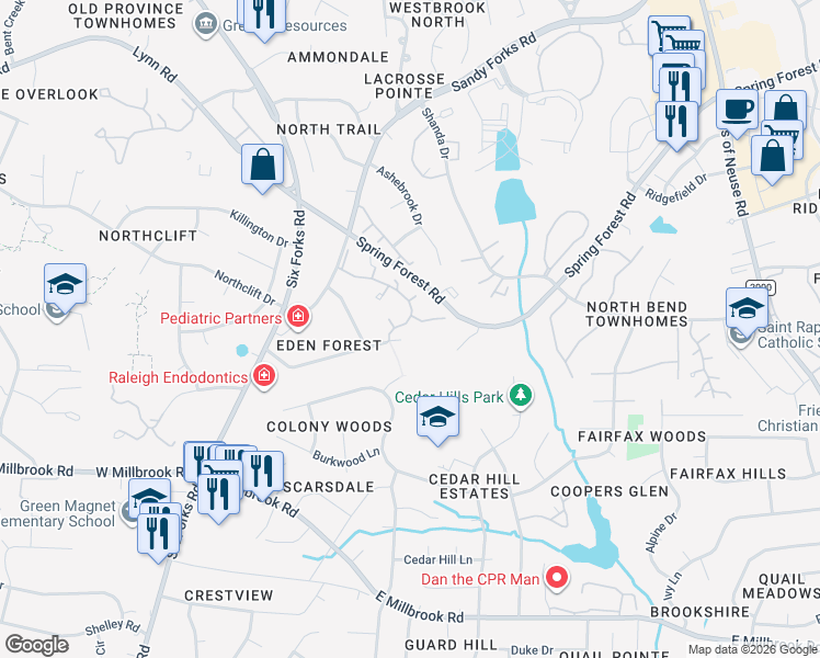 map of restaurants, bars, coffee shops, grocery stores, and more near 625 Crabbery Lane in Raleigh