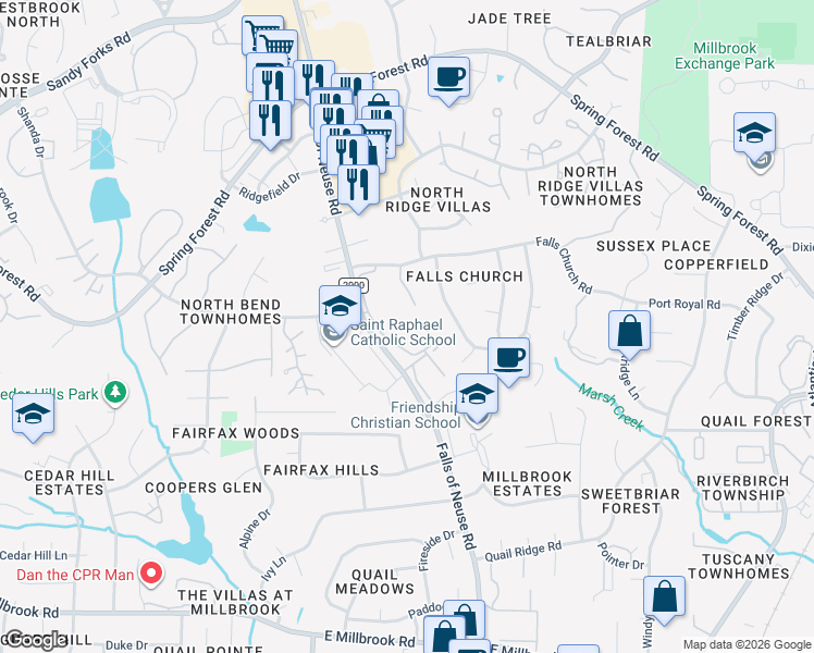 map of restaurants, bars, coffee shops, grocery stores, and more near 1217 H Manassas Court in Raleigh