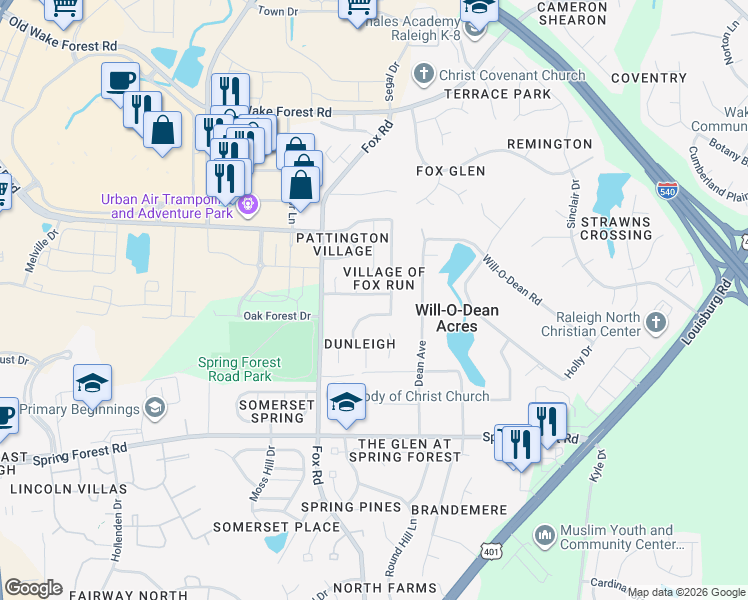 map of restaurants, bars, coffee shops, grocery stores, and more near 5853 Parkchester Road in Raleigh