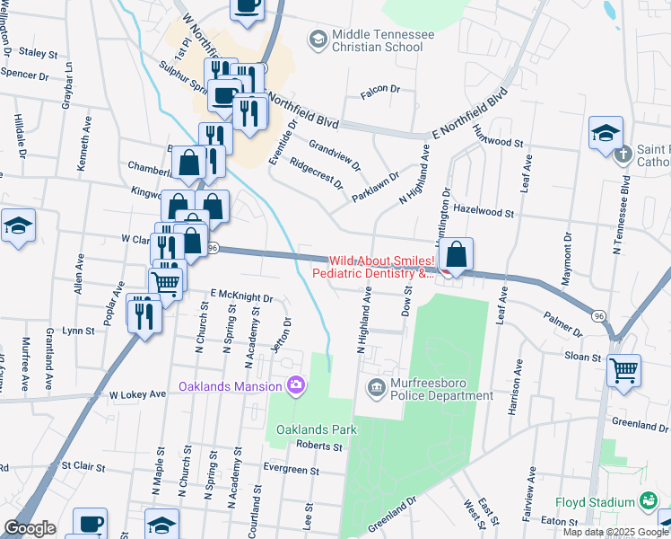 map of restaurants, bars, coffee shops, grocery stores, and more near 407 Dudley Street in Murfreesboro