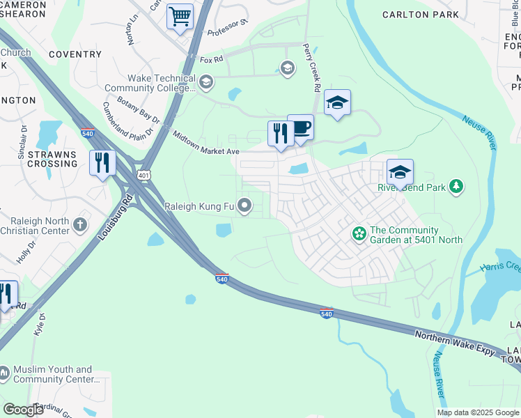 map of restaurants, bars, coffee shops, grocery stores, and more near Northern Wake Expressway in Raleigh