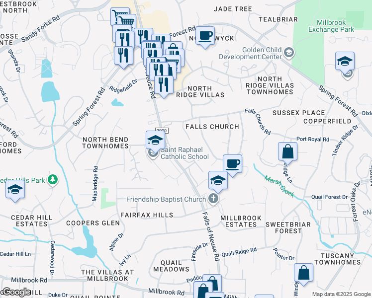 map of restaurants, bars, coffee shops, grocery stores, and more near 1209 Manassas Court in Raleigh