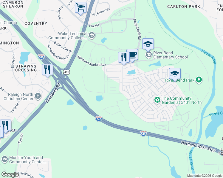 map of restaurants, bars, coffee shops, grocery stores, and more near Northern Wake Expressway in Raleigh