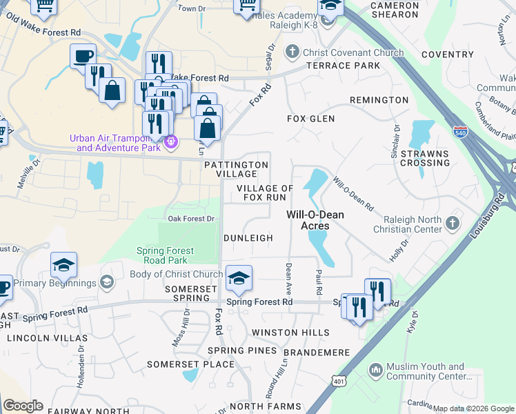 map of restaurants, bars, coffee shops, grocery stores, and more near 5853 Parkchester Road in Raleigh