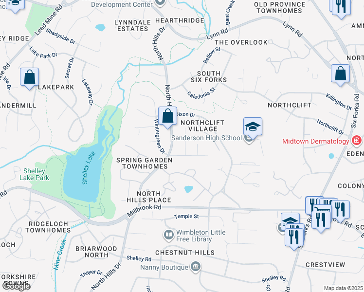 map of restaurants, bars, coffee shops, grocery stores, and more near 904 Crepe Myrtle Court in Raleigh