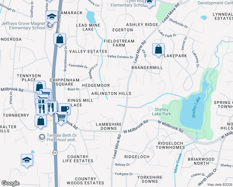 map of restaurants, bars, coffee shops, grocery stores, and more near 5901 Knollrock Drive in Raleigh