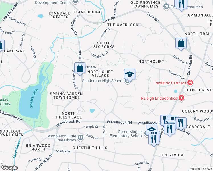map of restaurants, bars, coffee shops, grocery stores, and more near 5915 Dixon Drive in Raleigh