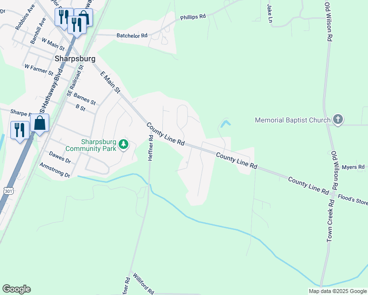 map of restaurants, bars, coffee shops, grocery stores, and more near 9075 County Line Road in Rocky Mount