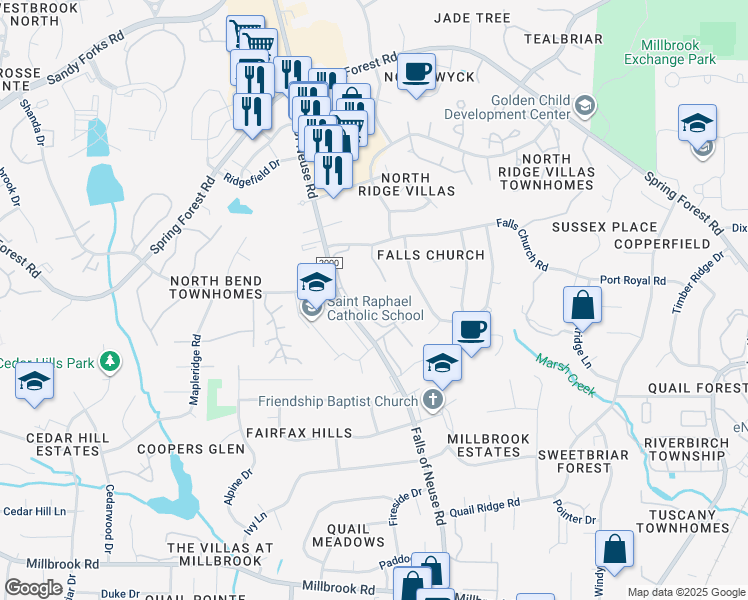 map of restaurants, bars, coffee shops, grocery stores, and more near 1209 Manassas Court in Raleigh