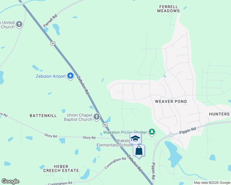 map of restaurants, bars, coffee shops, grocery stores, and more near 1800 Cleyera Court in Zebulon