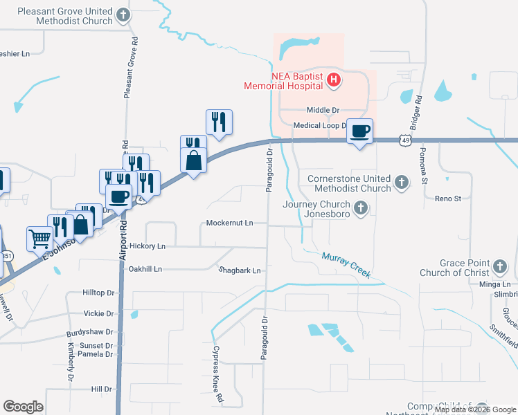 map of restaurants, bars, coffee shops, grocery stores, and more near 1723 County Road 538 in Jonesboro