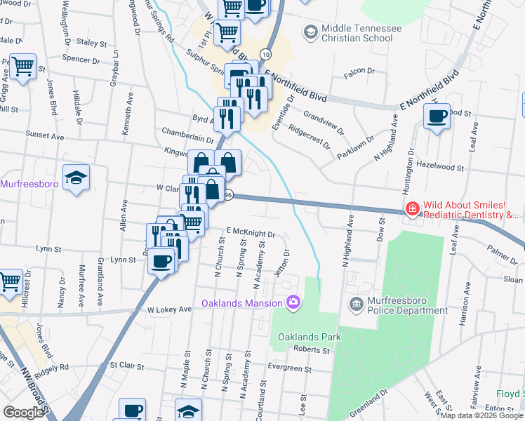 map of restaurants, bars, coffee shops, grocery stores, and more near 240 Hillside Court in Murfreesboro
