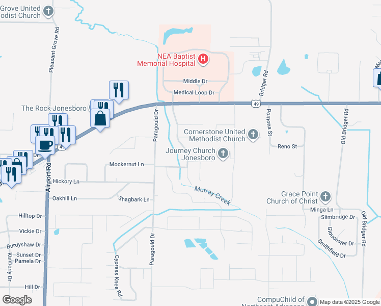 map of restaurants, bars, coffee shops, grocery stores, and more near 1716 Murray Creek Drive in Jonesboro