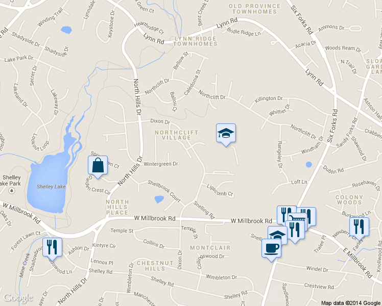 map of restaurants, bars, coffee shops, grocery stores, and more near 5915 Dixon Drive in Raleigh