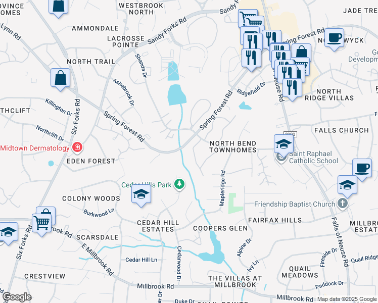 map of restaurants, bars, coffee shops, grocery stores, and more near 5851 Branchwood Road in Raleigh