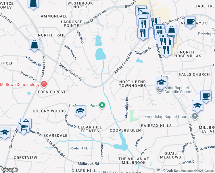 map of restaurants, bars, coffee shops, grocery stores, and more near 5851 Branchwood Road in Raleigh