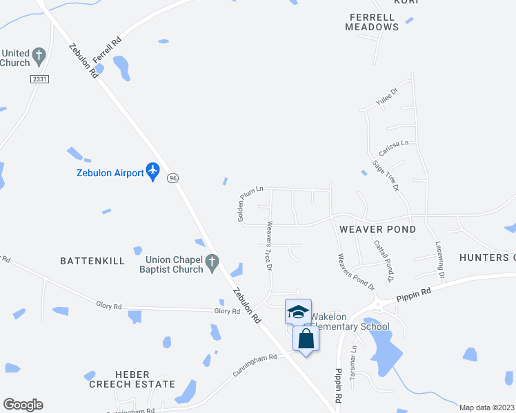 map of restaurants, bars, coffee shops, grocery stores, and more near Cleyera Court in Zebulon