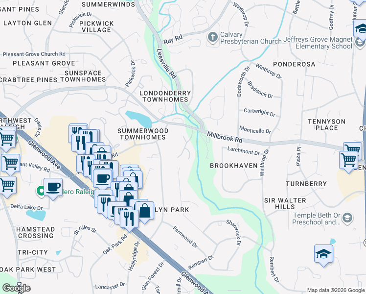 map of restaurants, bars, coffee shops, grocery stores, and more near 5900 Timber Creek Lane in Raleigh