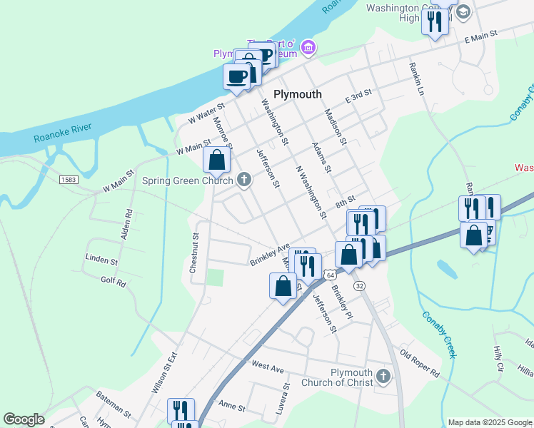 map of restaurants, bars, coffee shops, grocery stores, and more near 527 Monroe Street in Plymouth